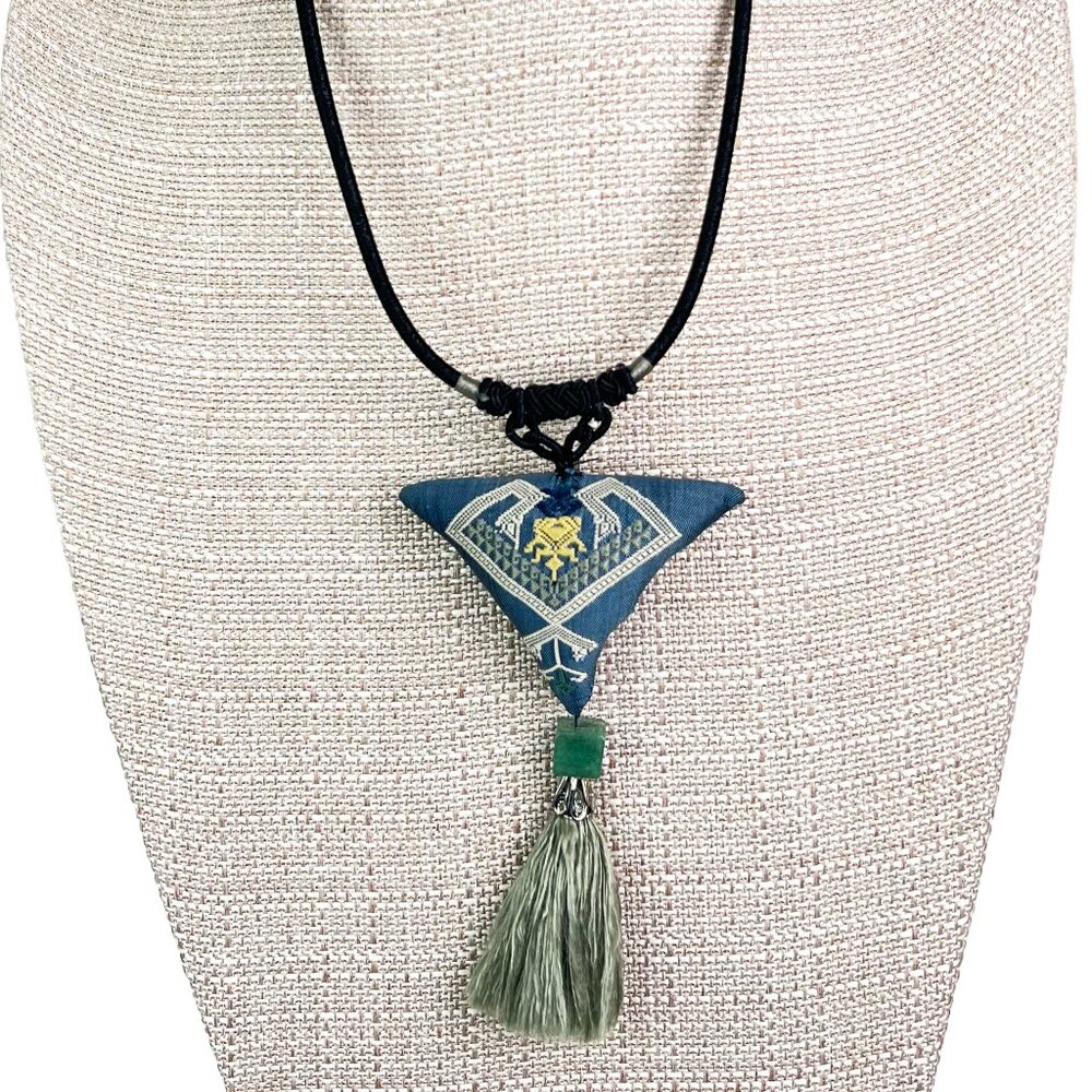 Boho Tribal Triangular Pillow Pendant Necklace with Tassel & Jade Bead